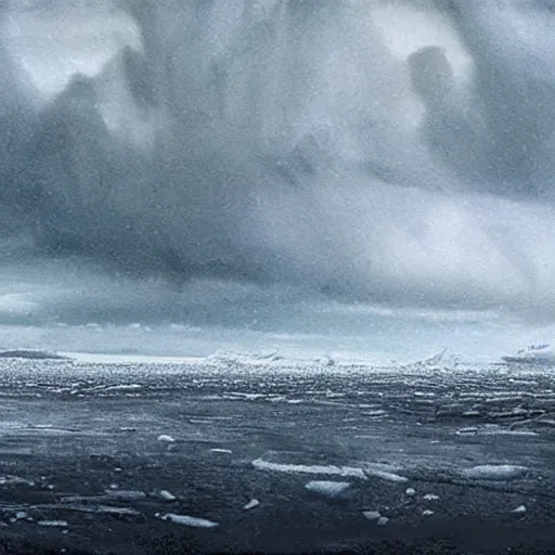 Prompt: a dreamlike antarctic landscape in stormy weather, matte painting