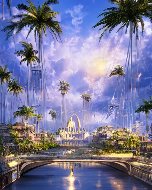 Prompt: heavenly utopian metropolis, canals, bridges, white marble buildings, tropical, palm trees, by zaha hadid, marc simonetti, and ivan shishkin, photography, cinematic lighting