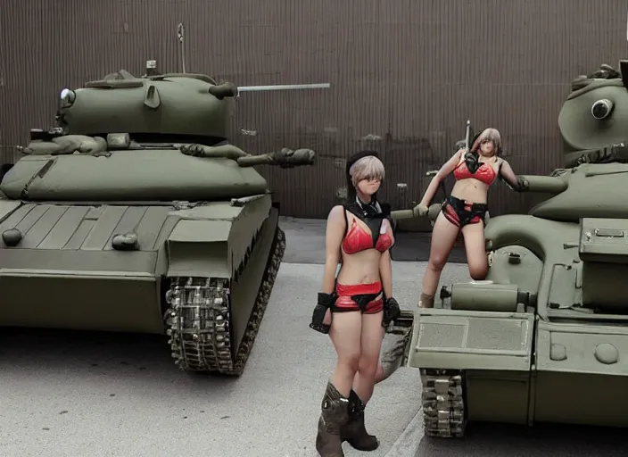 Image similar to female tank crew posing triumphantly next to their tank, anime, trending on pixiv