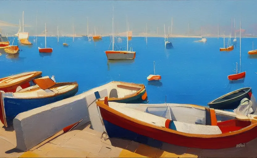 Image similar to A painting of a Mediterranean fishing village, azure blue sea, boats, peaceful, beautiful, in the style of Michiel Schrijver