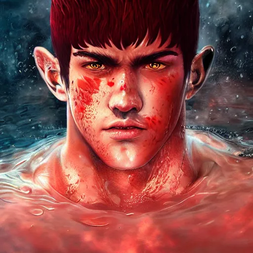 Prompt: portrait of guts from berserk submerged in red water, extremely detailed, made by wlop, maxwell boas, Naranbaatar Ganbold