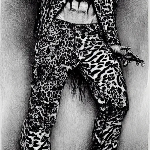 Image similar to animal print pants out of control. it's redfoo with a big afro! in the style of Stephen Gammell. Scary stories to tell in the dark. horror image. Scary! macabre illustration. crosshatching.