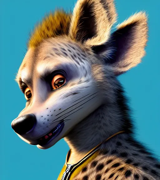 Image similar to digital detailed portrait of anthromorphic female hyena, in style of zootopia, fursona, furry, furaffinity, 4 k, deviantart, wearing astronaut outfit, in style of disney zootopia, floating in space, space background, in deep space, dark background, hyena fursona, cyberpunk, female, detailed face,