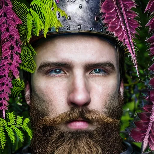 Image similar to a male knight with beard, stern face, clear eyes, shining armour made of steel, and fractal hair, fighting the darkness in a fractal garden, glowing delicate flower, berries and ferns that grow in a dark flowering fantasy forest, full frame,