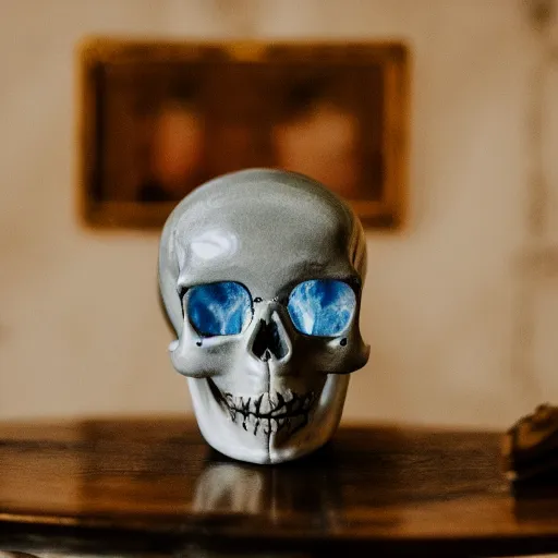 Prompt: macro shot of a glass skull sitting on a table in the hall of a great castle