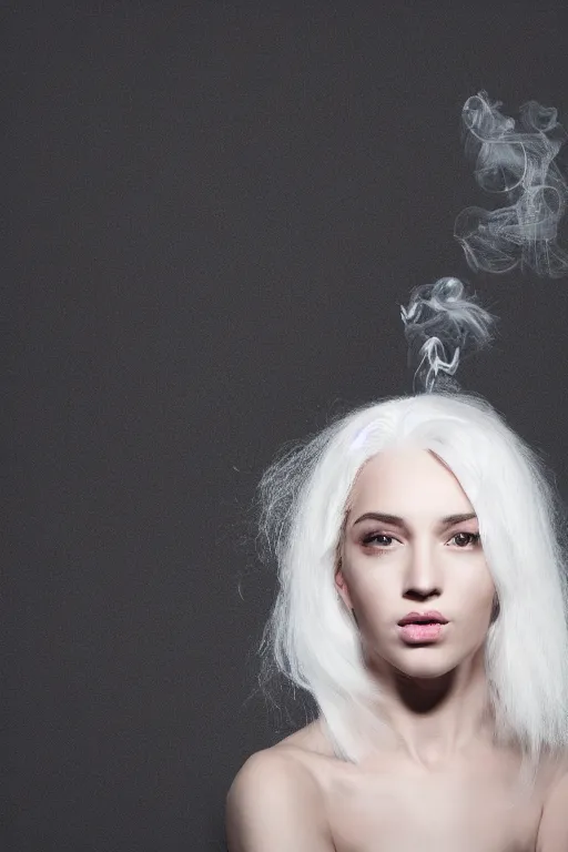 Image similar to portrait of a woman, with white hair like smoke, with reaction-diffusion wallpaper, studio photo, high detail