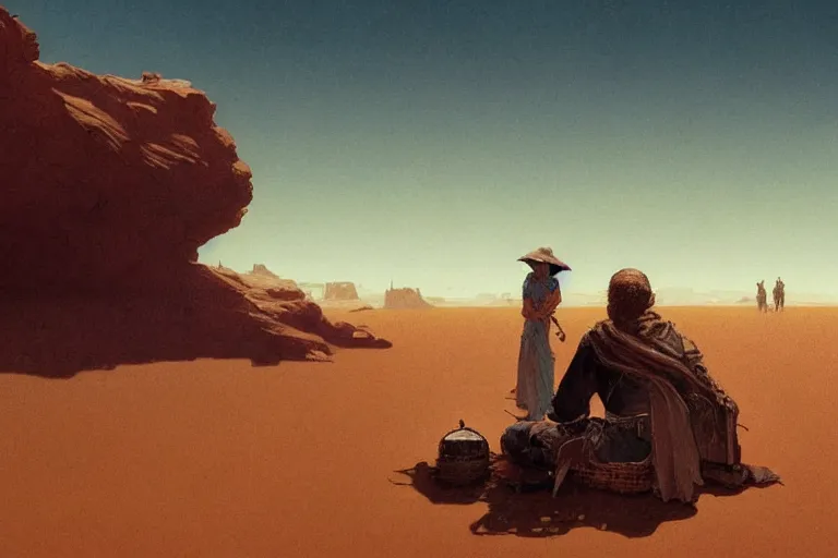 Prompt: a highly detailed epic cinematic concept art CG render digital painting artwork: lonely wanderer in desert, sitting on a lap. By Greg Rutkowski, in the style of Francis Bacon and Syd Mead and Norman Rockwell and Beksinski, open ceiling, highly detailed, painted by Francis Bacon and Edward Hopper, painted by James Gilleard, surrealism, airbrush, Ilya Kuvshinov, WLOP, Stanley Artgerm, very coherent, triadic color scheme, art by Takato Yamamoto and James Jean