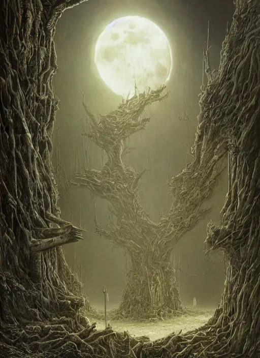 Image similar to a dramatic matte painting of The Tomb in the dystopian landscape is opening through the ground, the dead has arisen under the glowing moon, dead trees and a brooding landscape by Giger and Dariusz Zawadzki and Beksinski