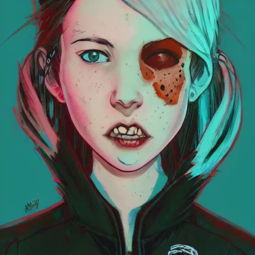 Image similar to Highly detailed portrait of pretty punk zombie young lady with freckles by Atey Ghailan, by Loish, by Bryan Lee O'Malley, by Cliff Chiang, inspired by image comics, inspired by graphic novel cover art, inspired by papergirls !! Gradient color scheme ((grafitti tag brick wall background)), trending on artstation