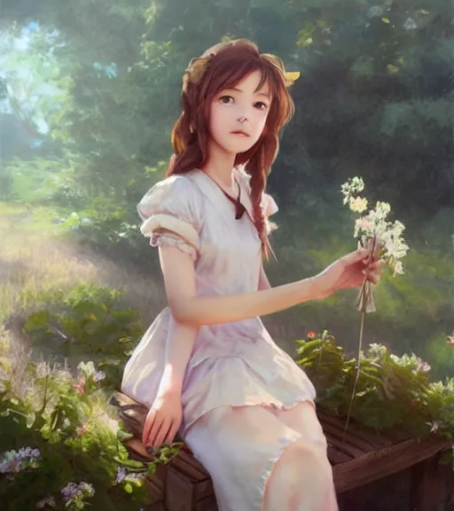 Image similar to aerith gainsborough in a cottagecore dress, portrait, illustration, rim light, top light, perfectly shaded, spring time, slight overcast lighting, soft painting, art by krenz cushart and wenjun lin