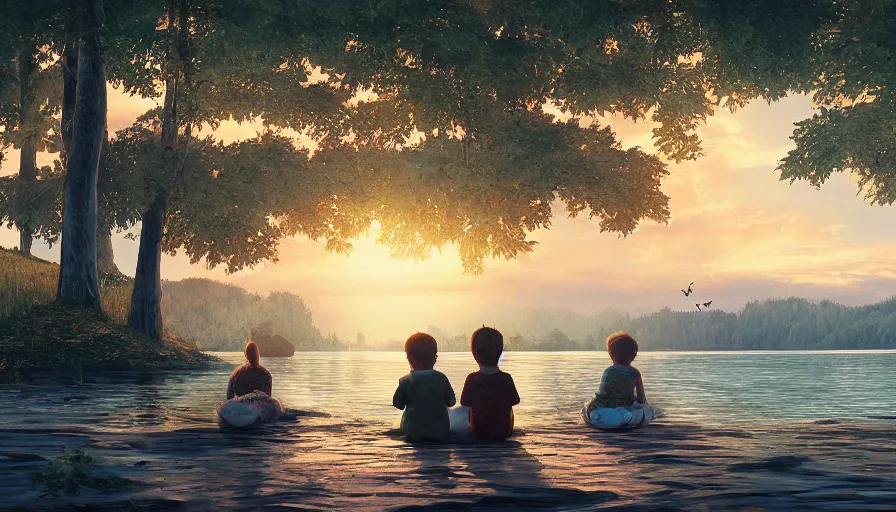 Image similar to kids sitting on the ground watching sunset on the lake, german forest, friends, hyperdetailed, artstation, cgsociety, 8 k