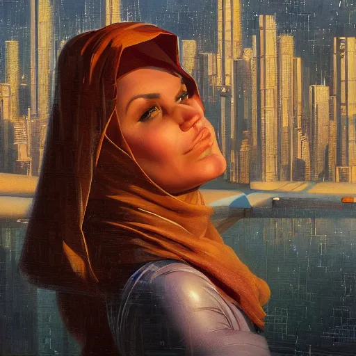 Image similar to detailed face of an arabic woman, tectonic cityscape, skydome, reactor, utopian, wet reflections, prism, atmospheric, ambient, pj crook, syd mead, livia prima, artgerm, greg rutkowski, nick alm, casey baugh