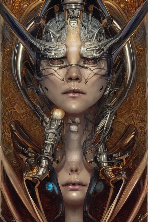 Prompt: portrait of mad alien robot queen, symmetrical, by yoichi hatakenaka, juan gimenez, brom, karol bak, alphone mucha, gustave dore, james jean, cgsociety and artstation, hd, 4 k, clear line