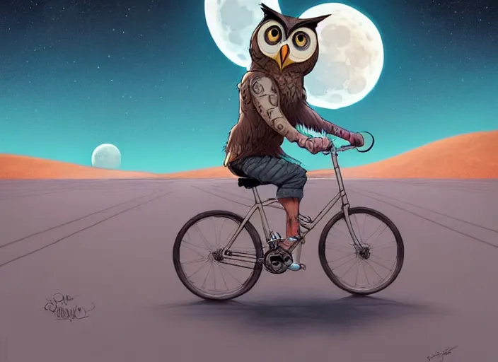 Image similar to a cell shaded cartoon owl riding a bicycle, with a big head, on a desert road, wide shot, in front of a big moon, muted colors, post grunge, josan gonzales, wlop, by james jean, victor ngai, hq, deviantart, art by artgerm