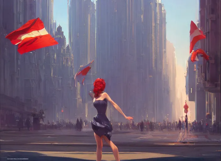 Prompt: gorgeous inspiring girl enthusiastically waving a red flag over her head to inspire people in a Mandelbrot fractal bustling Moscow City by Craig Mullins, ilya kuvshinov, krenz cushart, artgerm trending on artstation by Edward Hopper and Dan Mumford and WLOP and Rutkovsky, Unreal Engine 5, Lumen, Nanite