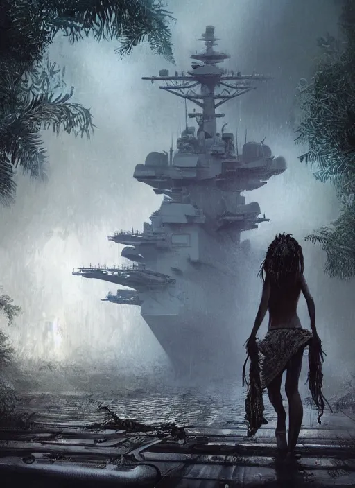 Prompt: a tribal woman from behind, in front of the aircraft carrier USS Nimitz rotting on the ground overgrown with vegetation, lush rain forest, post appocalyptic, by Luis Royo, by Greg Rutkowski, dark, gritty, intricate, backlit, strong rim light, cover illustration, concept art, volumetric lighting, volumetric atmosphere, sharp focus, octane render, trending on artstation, 8k