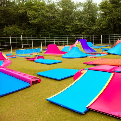 Prompt: Photograph of Kids Playground that is full of trampolines.