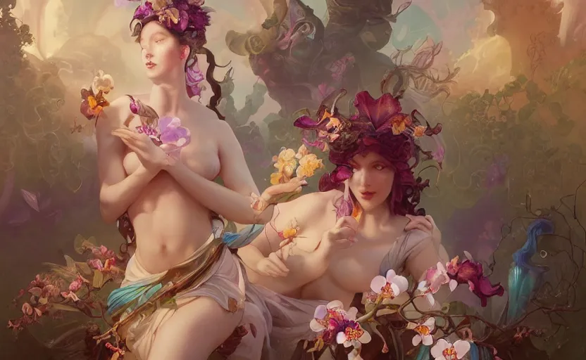 Image similar to goddess of orchids by peter mohrbacher, wlop, tooth wu, alfons mucha, trending on artstation, 4k, super detailed, octane render - H 1000