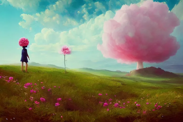 Image similar to giant pink flower as a head, girl standing on mountain, surreal photography, stars, dramatic light, impressionist painting, storm clouds, digital painting, artstation, simon stalenhag