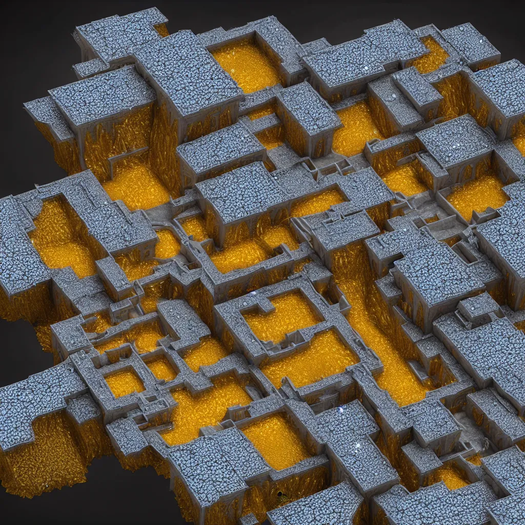 Image similar to A realistic big house made of molten cheese and fractal crystals, photorealistic, octane render,