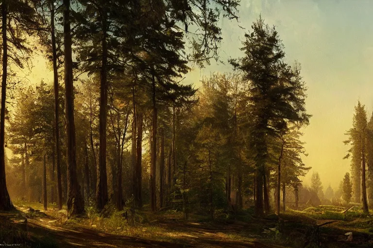 Image similar to A beautiful painting of russian village in dark forest by ivan shishkin and arkhip kuindji, trending on artstation, matte painting