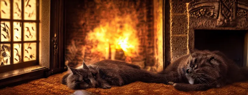 Prompt: a beautiful hairy cat sleeping next to a skull on an old carpet next to a burning fireplace, livingroom with windows and door, night time, 4K, photorealistic, cinematic, moody fireplace lighting, UHD, HDR