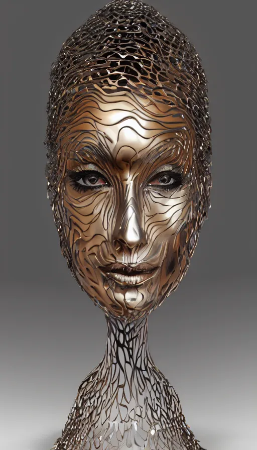 Prompt: a set of metal fire sculptures on woman face, a computer rendering by zaha hadid, polycount, kinetic art, made of liquid metal, airbrush art, hard surface modeling