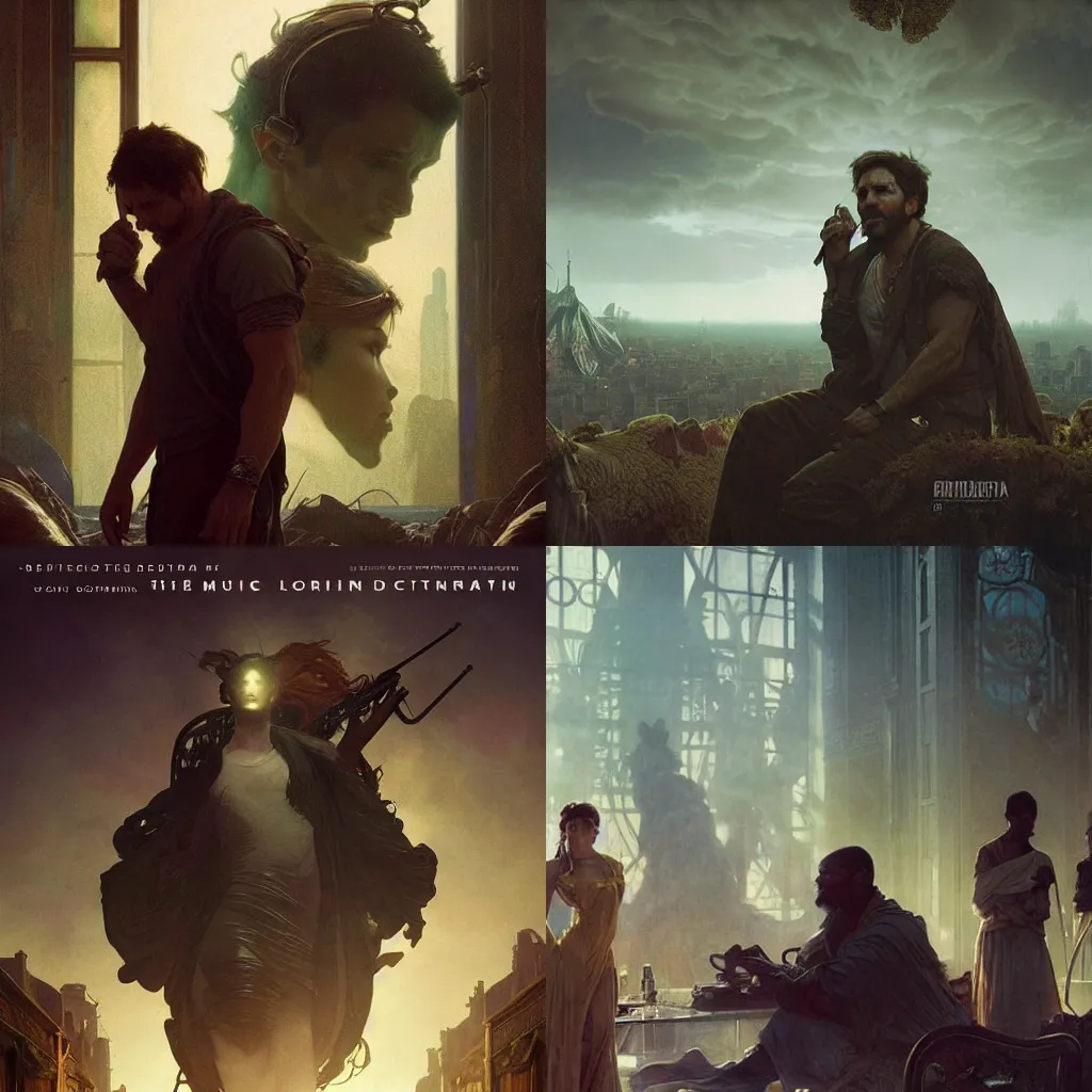 Prompt: music poured from his lips, volumetric lighting, epic composition, intricate details, by denis villeneuve , Greg Rutkowski and Alphonse Mucha