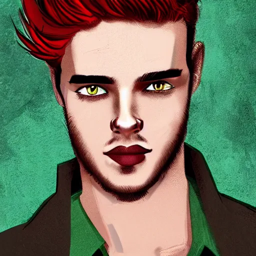 Image similar to digital art of a stylish young adult man with red hair and green cat - like eyes, popular, famous, attractive, high quality, highly detailed, hd, 4 k, 8 k,