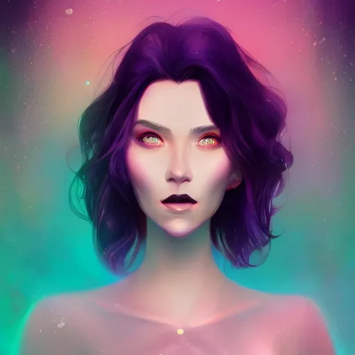 Prompt: portrait of a woman inspired by lois van baarle, charlie bowater, illustration, iridescent, iridescent hair, face, hair styles, light makeup, glitter, self confidence, cinematic 8 k