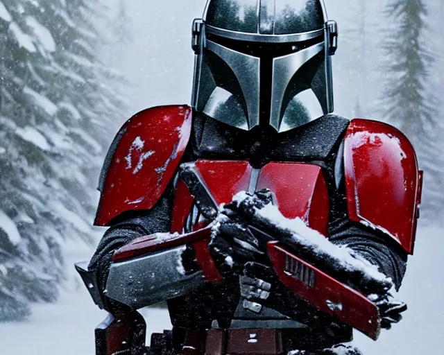 Image similar to a mandalorian with a red and grey helmet facing a long dark haired man, from side view close up, in a snowy forest setting, hard edges concept art, highly detailed, great cinematic lighting, 8 k, depth of field, 3 d, art by greg rutkowski, trending on artstation, cinematographic shot