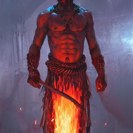 Image similar to african god shango, fire hammer, dim light, front game card, marvel comics, dark, intricate, highly detailed, smooth, artstation, digital illustration by ruan jia and mandy jurgens and artgerm and wayne barlowe and greg rutkowski and zdislaw beksinski.