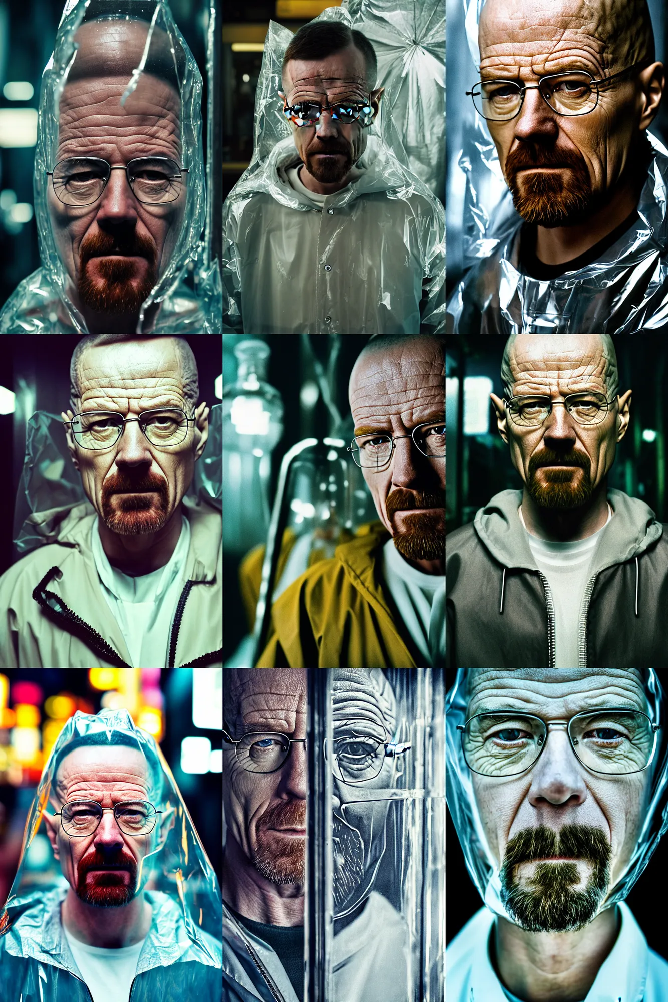 Prompt: Kodak Portra 400, 8K, highly detailed, walter white breaking bad style 3/4 extreme closeup portrait, clear eyes, focus on clear transparent raincoat model, tilt shift h.r giger style background: famous blade runner remake, tokyo izakaya scene