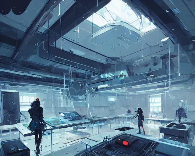 Prompt: melting cybernetic hall in a futuristic organic lab, ross tran, ismail inceoglu, sylvain sarrailh