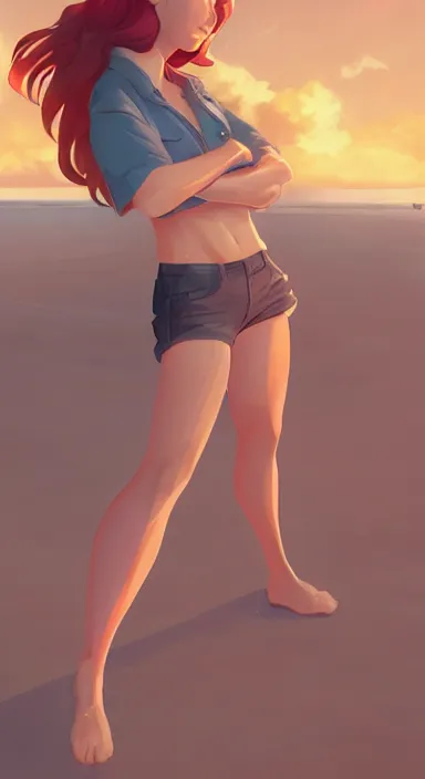 Prompt: lois van baarle, artgerm, helen huang, by makoto shinkai and ilya kuvshino, rossdraws, illustration, art by ilya kuyshuno. cute scarlet red haired cyborg woman, steel gray body, denim shorts, at beach at sunset, beautiful face, smile, elegant, exaggerated proportions, looking at me