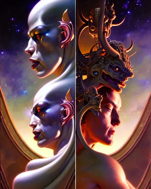 Image similar to beautiful gemini good and evil fantasy character portrait, ultra realistic, wide angle, intricate details, the fifth element artifacts, highly detailed by peter mohrbacher, hajime sorayama, wayne barlowe, boris vallejo, aaron horkey, gaston bussiere, craig mullins