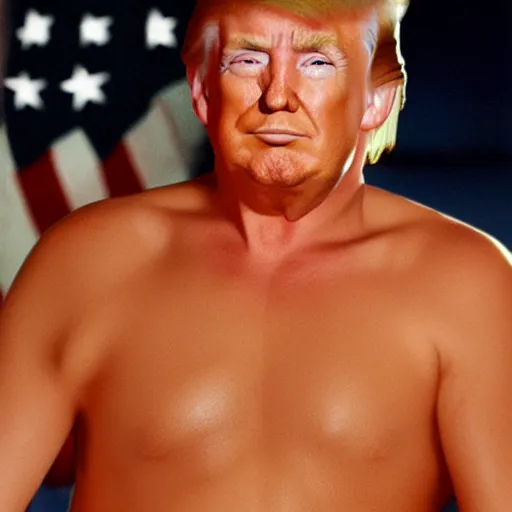 Image similar to hyper realistic photo of donald trump as a playboy model, proportional body