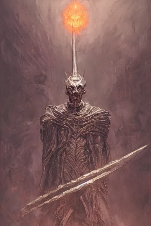 Prompt: Distorted god knight with face of Nicolas Cage in dark robe with a giant reaper scythe, dark fantasy, intricate, highly detailed, smooth, artstation, painted by Wayne Barlowe, zdislav beksinski, Francis Bacon