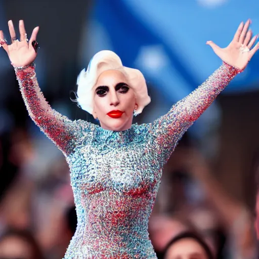 Prompt: Lady Gaga presidente of Argentina, Argentina flag behind, bokeh, detailed, hd, waving hands