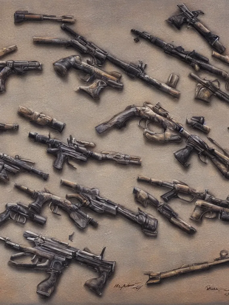 Image similar to oil painting of guns on a wall, ultra-realistic, intricate details, 4k