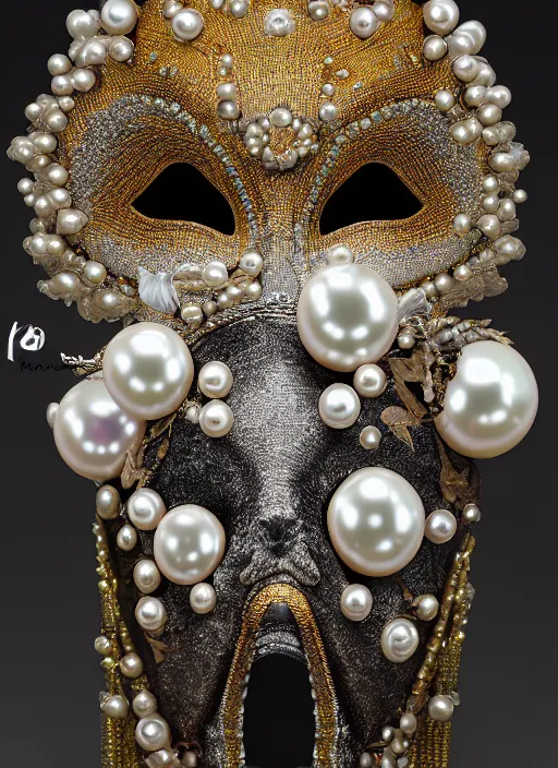 Image similar to hyperrealism, detailed textures, award winning autochrome photo, symetrical japanese pearl, beautiful dreaming voodoo pearl queen, autochrome pearl portrait, pearl silverplate, intricate, detailed facial pearl scary animal mask, pearl, golden jewelery, silverplate, ultra realistic, cinematic, intricate, cinematic light by steve mccurry, unreal engine 8 k