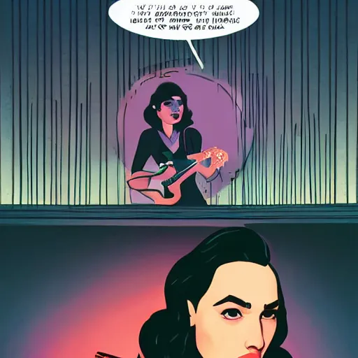 Image similar to a colorful comic noir illustration of a sad gal gadot singing the blues in new orleans by sachin teng, by queens of the stone age, dark vibes, pastel lighting, cinematic, depth of field, 8 k, high contrast