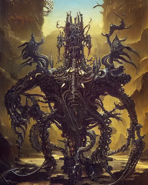 Image similar to elegant renaissance painting of biomechanical warhammer final boss creature vecna, art by bruce pennington and peter mohrbacher