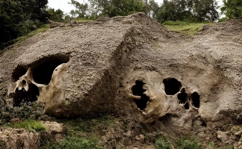 Prompt: cave built into an early medieval village lit by torches, large dinosaur skull, plants