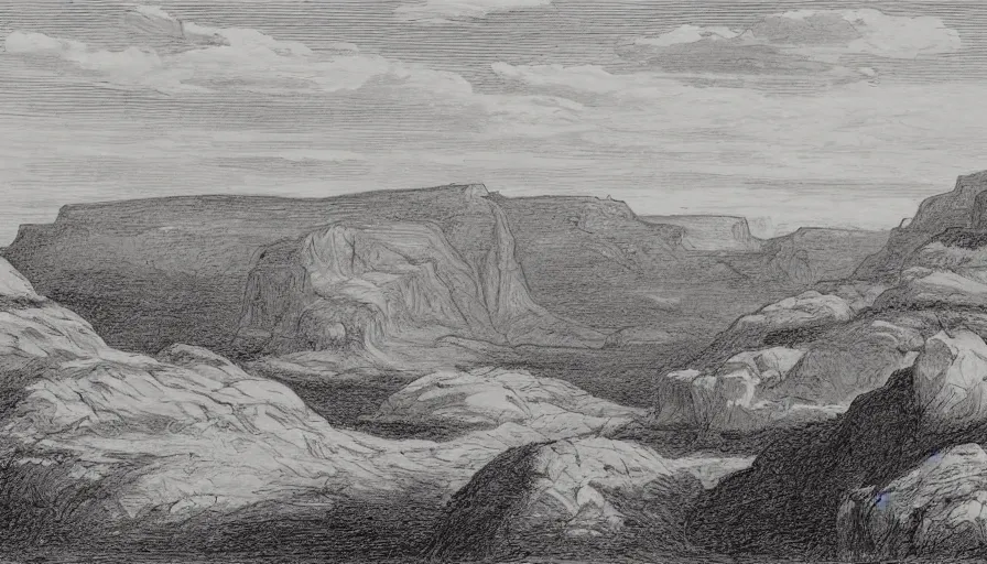 Prompt: Line drawing by John Wesley Powell of a view of a distant plateau and cliffs with vegetation in the foreground, uncolored view