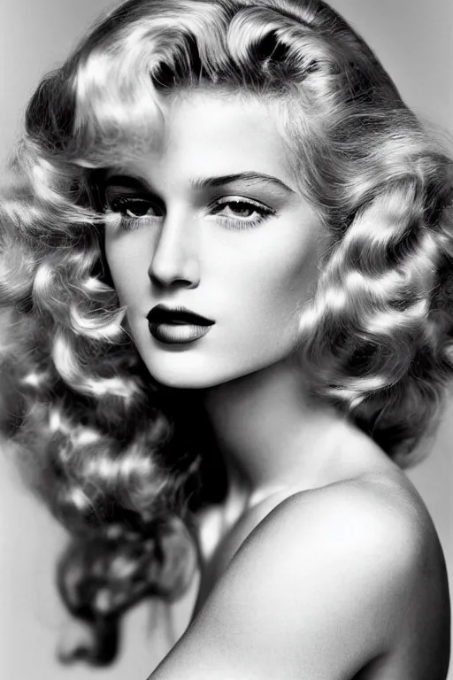 Prompt: stunning award - winning portrait by herb ritts of a beautiful young feminine blonde woman with delicate features. vintage hollywood glamour. long shiny wavy glam hair. long curly hair. glam makeup. vogue. fashion photography. sharp focus. canon 5 0 mm.