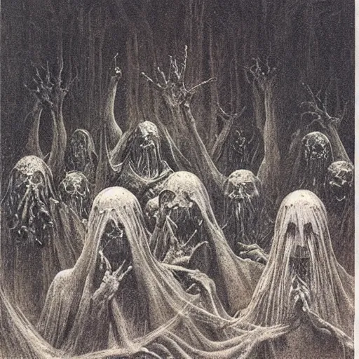 Image similar to spirits whose names they called in terror or welcome, until an angry priest cast a spell on them, art by beksinski and jean delville