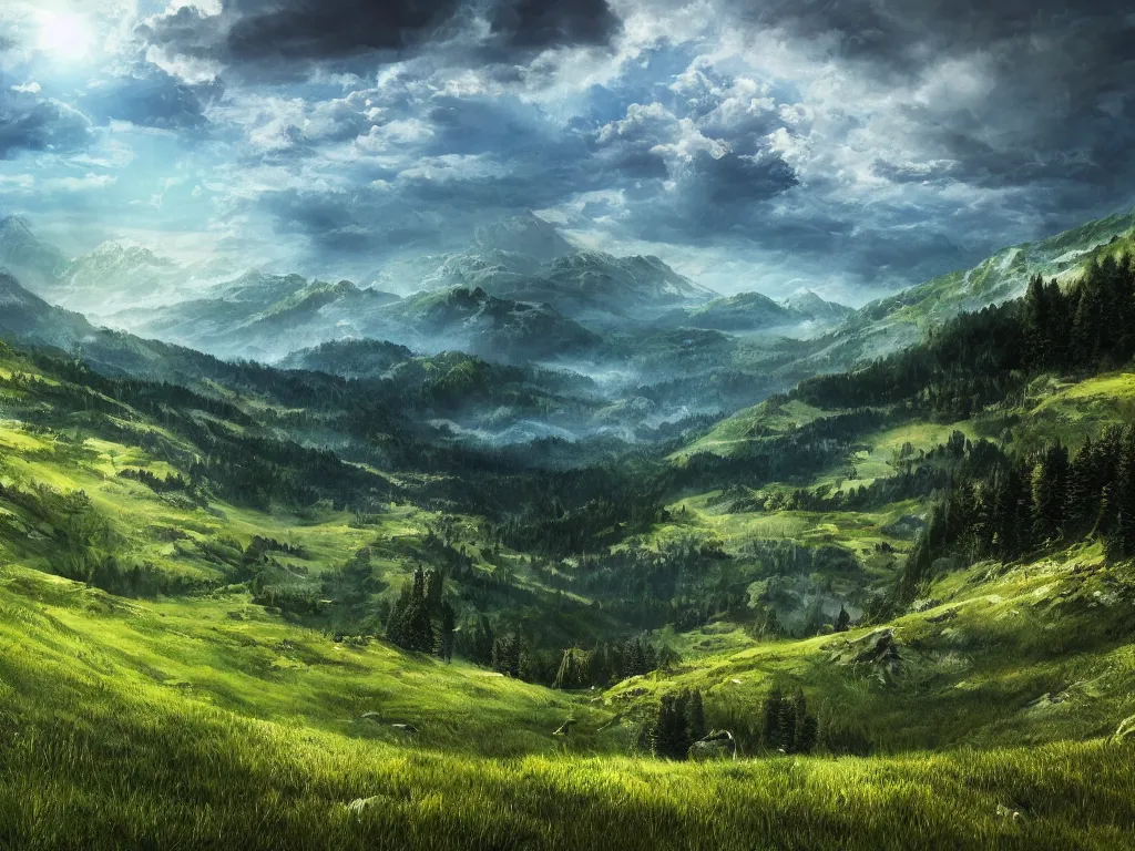 Image similar to realistic view from a mountaintop, high mountains, green meadow, alps, pyranees, digital painting, wallpaper, realistic lightning