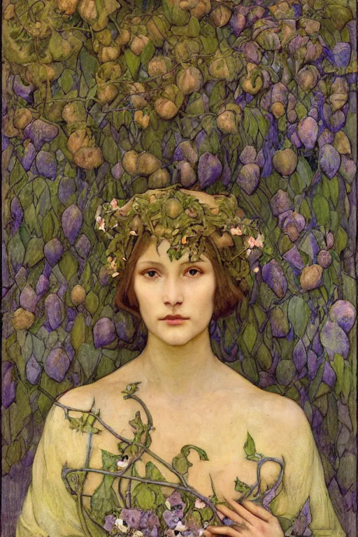 Prompt: queen of the springtime with leaves and vines growing from her, by Annie Swynnerton and Nicholas Roerich and jean delville, dramatic cinematic lighting , ornate headdress , flowing robes, lost civilizations, smooth, sharp focus, extremely detailed