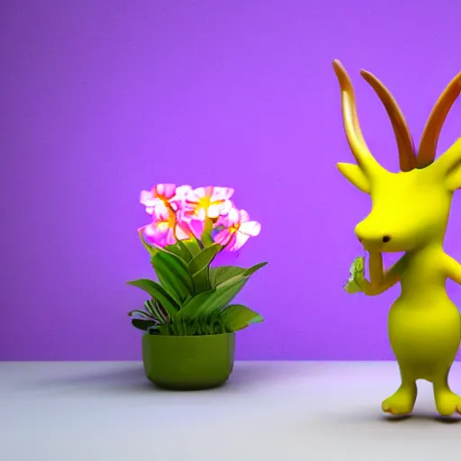 Prompt: 3 d render, purple ancient antler deity, yellow rat pig, holding a red orchid, laughing, brightly lit pink room